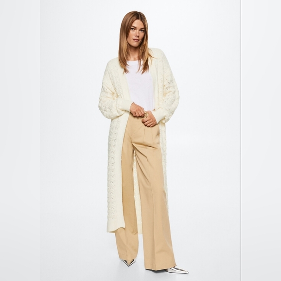 Mango Open Front Weave Beige Maxi Duster Sweater Long Knit Soft Womens Small - Picture 1 of 13